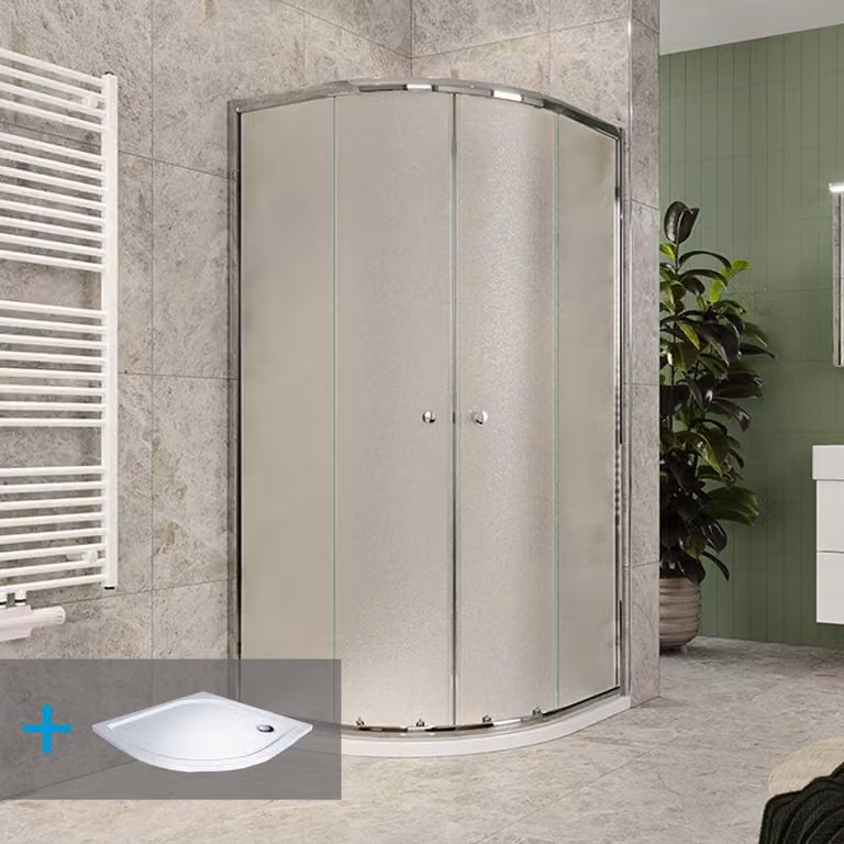 Set doccia Mereo in Kora Lite, quarto di cerchio, 90 cm, cromo ALU, vetro Grape e piatti in marmo fuso - CK35131ZM