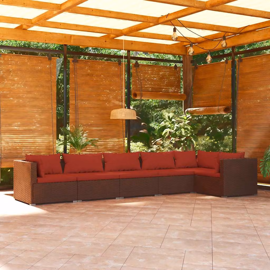 Set di divani da giardino vidaXL a forma di L composto da 6 pezzi con cuscini imbottiti in rattan marrone e struttura in metallo con coperture rimovibili