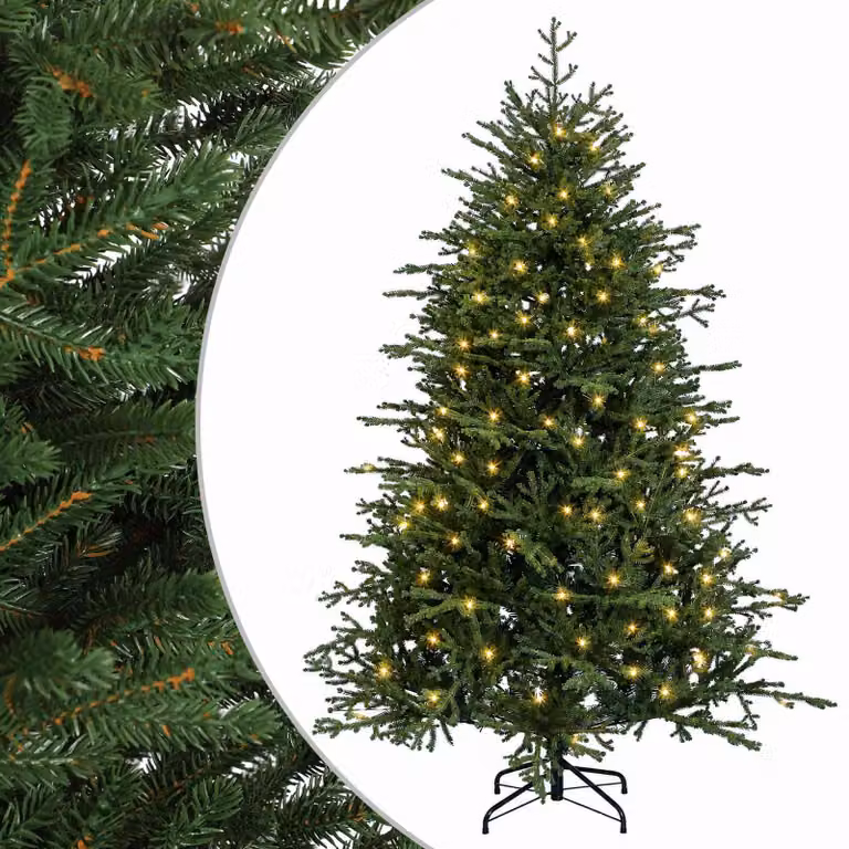 Albero di Natale Artificiale Moderno vidaXL Verde con 150 LED Luce Bianca Calda e Rami Pieghevoli in PVC e Metallo, Altezza: 120 cm