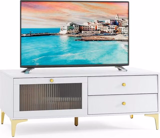 Mobile porta TV per schermi fino a 55 pollici con scomparti multimediali e anta a ribalta in vetro, console moderna per soggiorno in metallo e vetro, Grigio Chiaro e Bianco – 1