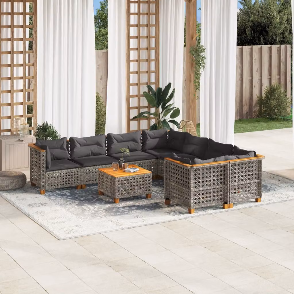 vidaXL Set Divano da Giardino a L 9 pz in Polyrattan Grigio con Cuscini e Tavolino da Caffè – 1