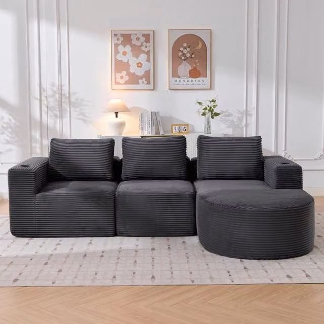Divano a 2 posti MIVRAY grigio con cuscini e portabicchieri per soggiorno o ufficio, L: 265 cm, P: 176 cm, H: 60 cm