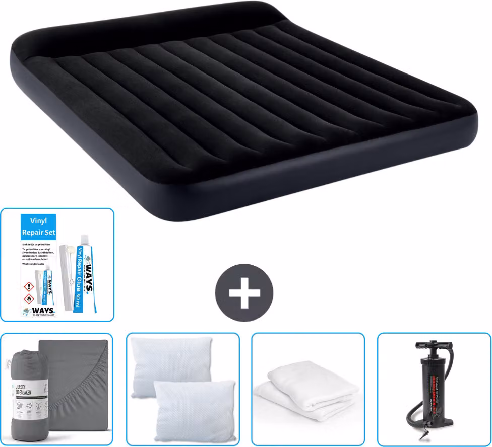 Lettino Intex - 2 persone - 183 x 203 x 25 cm - Blu scuro - Consegna inclusa Lenzuolo di ricambio - Bacio - Pompa - Set di riparazione e protezione per il cuscino