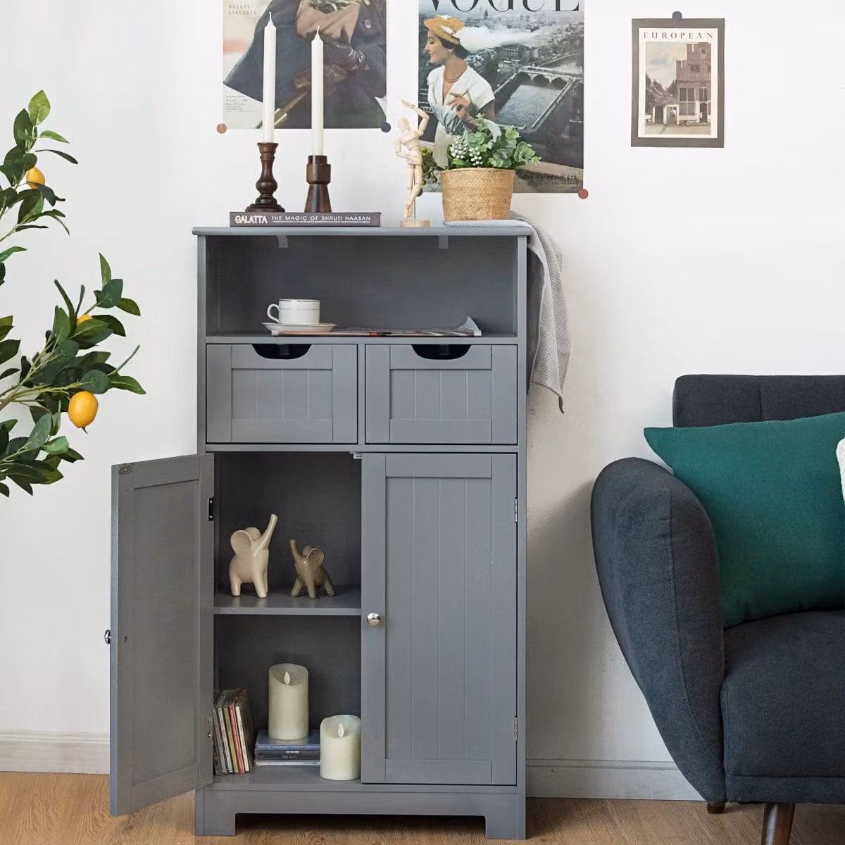 Costway Armadio da Bagno e Credenza da Cucina Moderno con Mensola Aperta, 2 Ante e 2 Cassetti, Grigio
