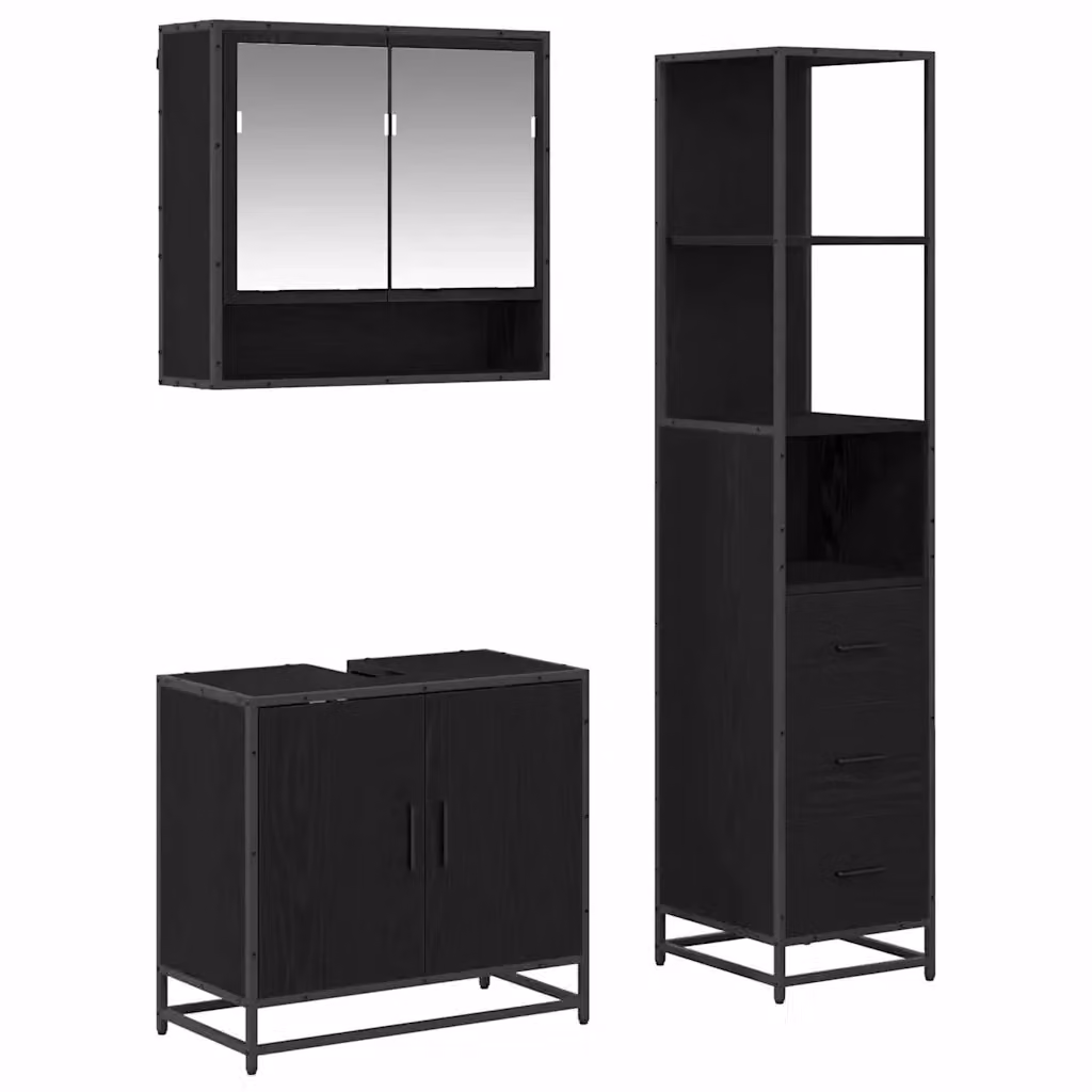 Set di mobili per il bagno vidaXL 3 pezzi in rovere e nero con specchio, mobile lavabo e colonna alta, L/P/H: 65,0 x 37,5 x 166,0 cm – 2