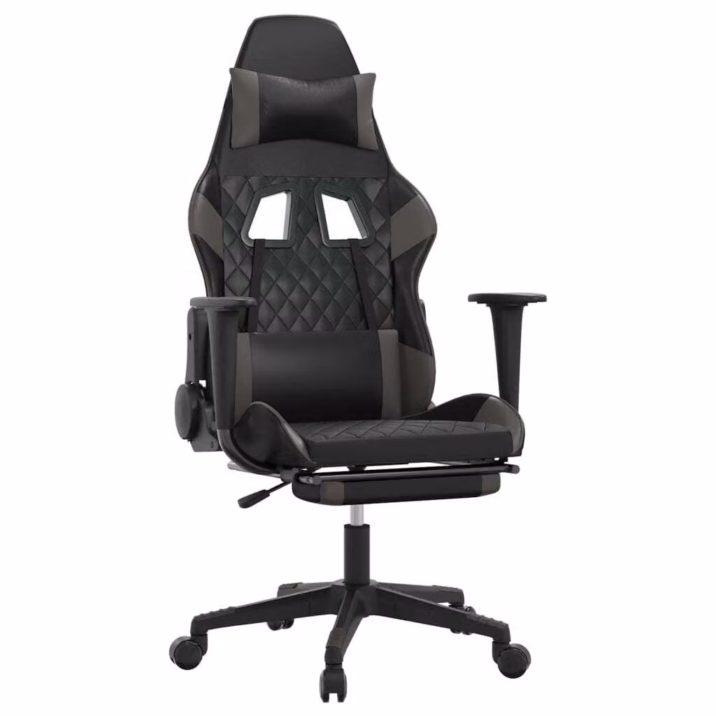 Sedia da Gaming con Poggiapiedi Nero e Grigio in Pelle finta