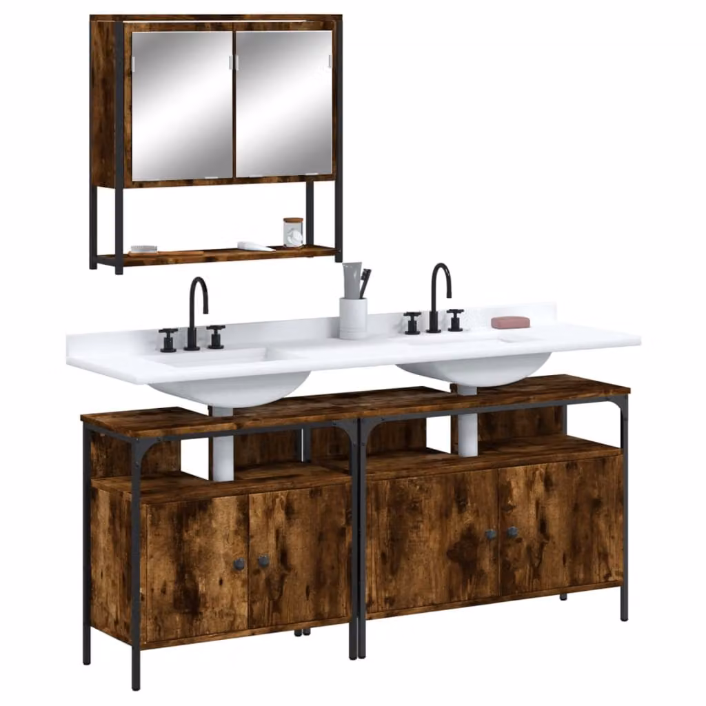Set di mobili da bagno vidaXL 3 pezzi in stile industriale color marrone con mobile lavabo e armadietto con specchio in legno e metallo