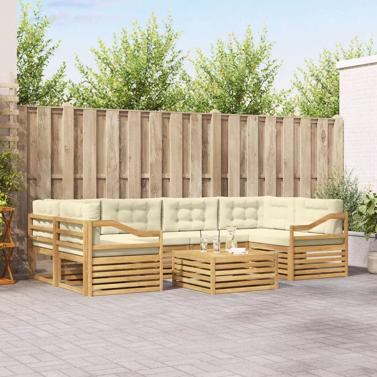 Set di divani da esterno vidaXL 7 pezzi in legno di acacia con cuscini, colore bianco, beige e marrone