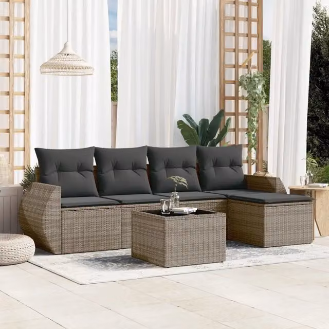 Set Divano da Giardino 6 Pezzi vidaXL in Polyrattan Grigio con Cuscini e Tavolino