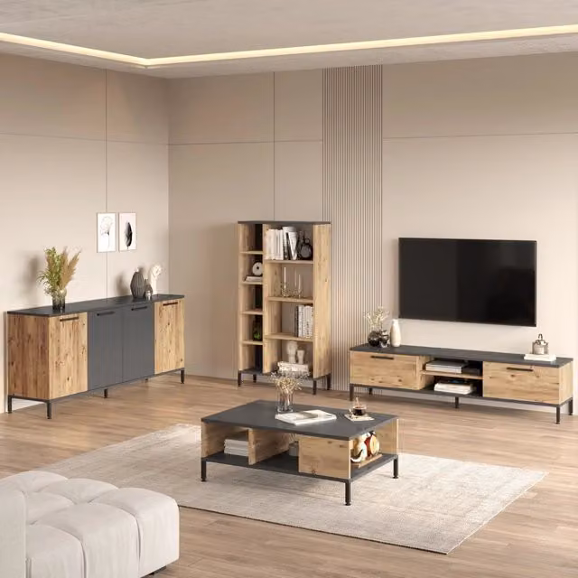 Foza, set Mobili da Soggiorno Modulabile, Marrone Rovere Nodi