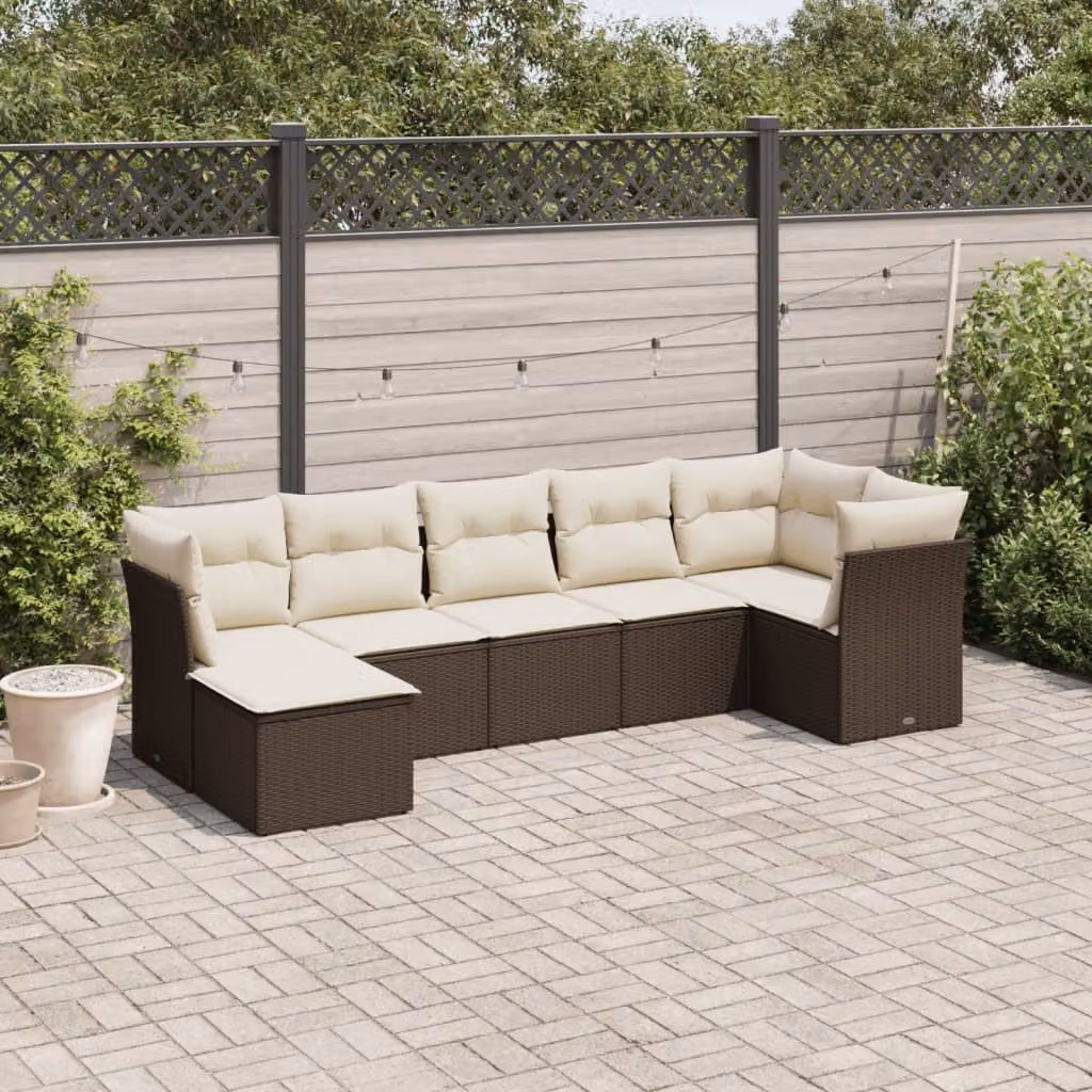 Set di divani da giardino vidaXL in polyrattan marrone con cuscini bianchi e struttura in metallo a forma di L – 1