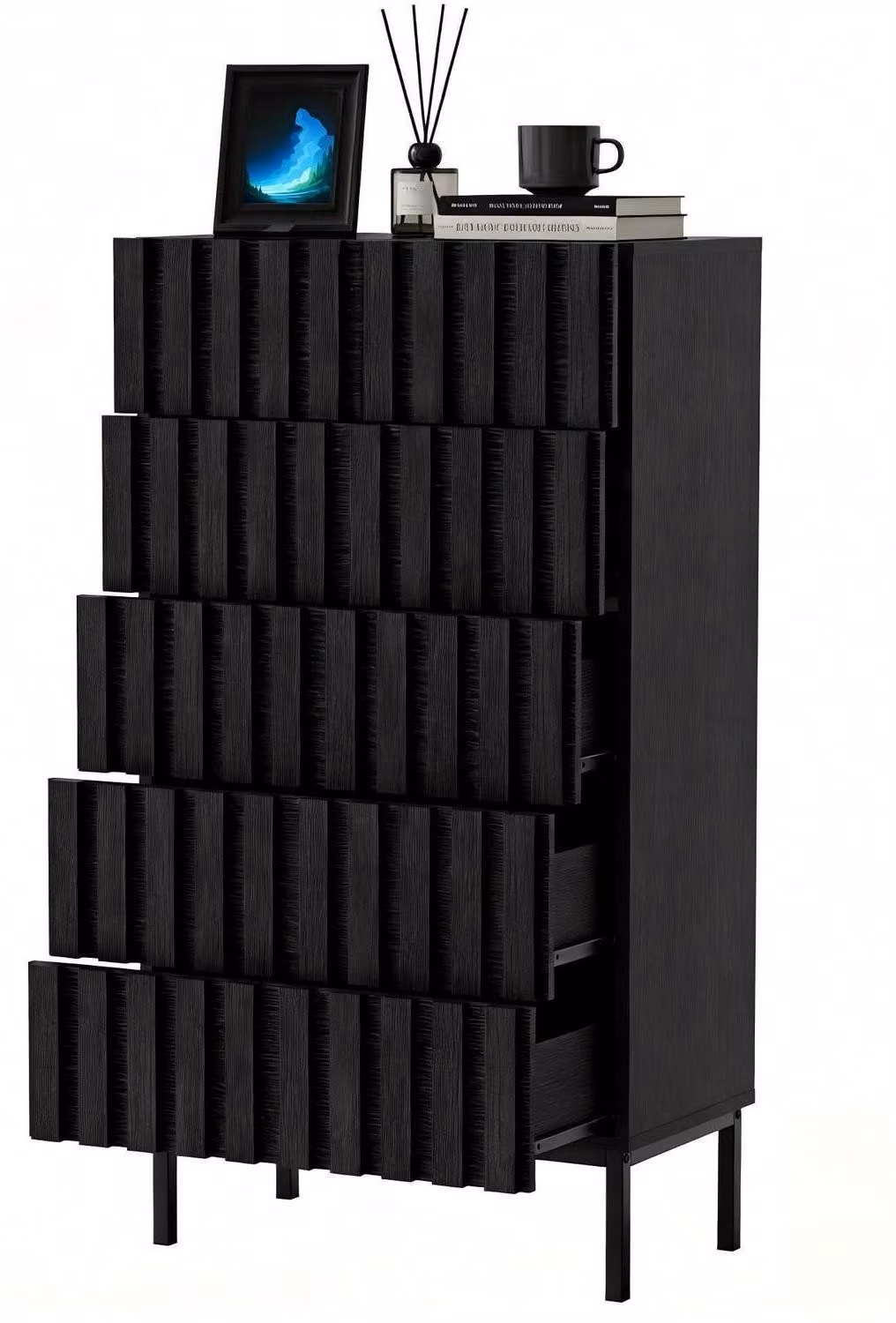 Comodino con 5 cassetti, dimensioni 60x34x110 cm, colore nero