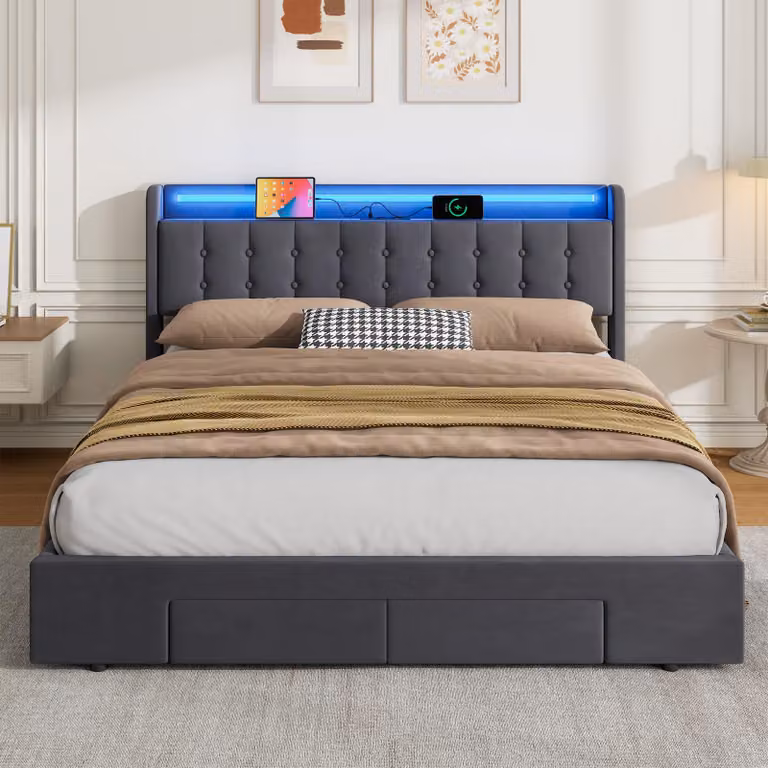 Letto imbottito okwish 180x200, letto per ragazzi/bambini con contenitore e illuminazione a LED, letto boxspring con cassetti e vani portaoggetti, grigio (senza materasso)