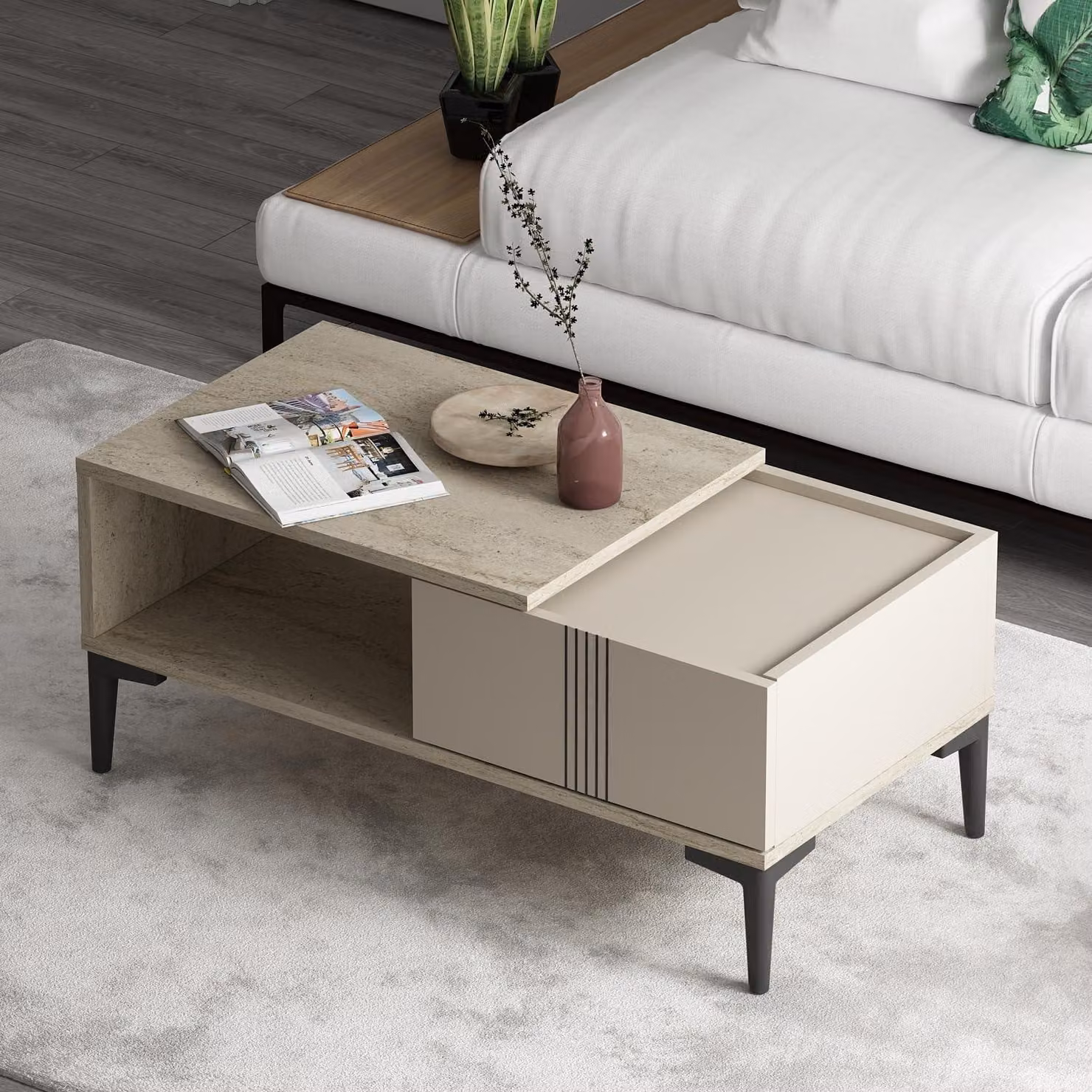 HOMIDEA Tavolino Modena 90 cm - Tavolino da salotto rettangolare con vano portaoggetti - Design scandinavo moderno - Travertino/Beige