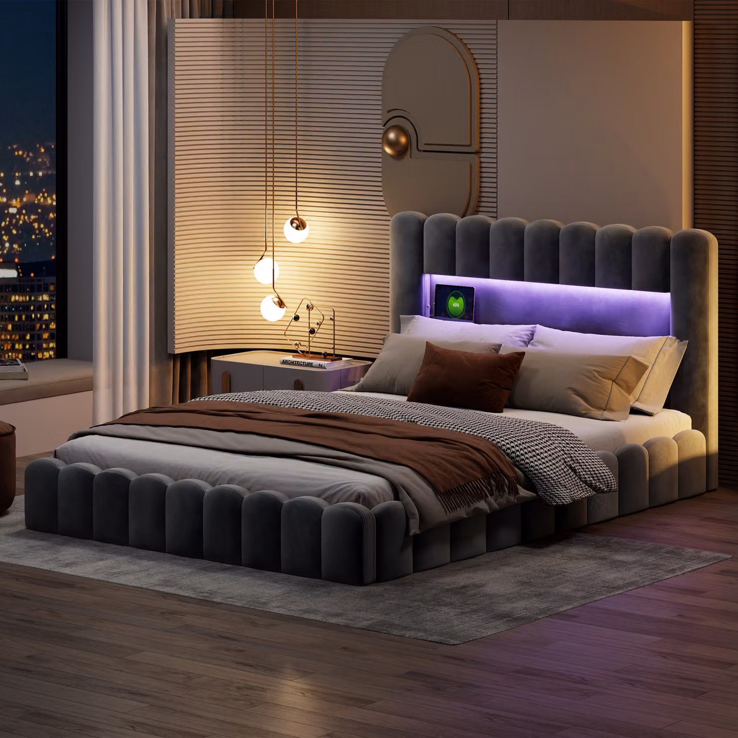 letto 180 x 200 cm con testata a LED, letto imbottito con contenitore, velluto, grigio