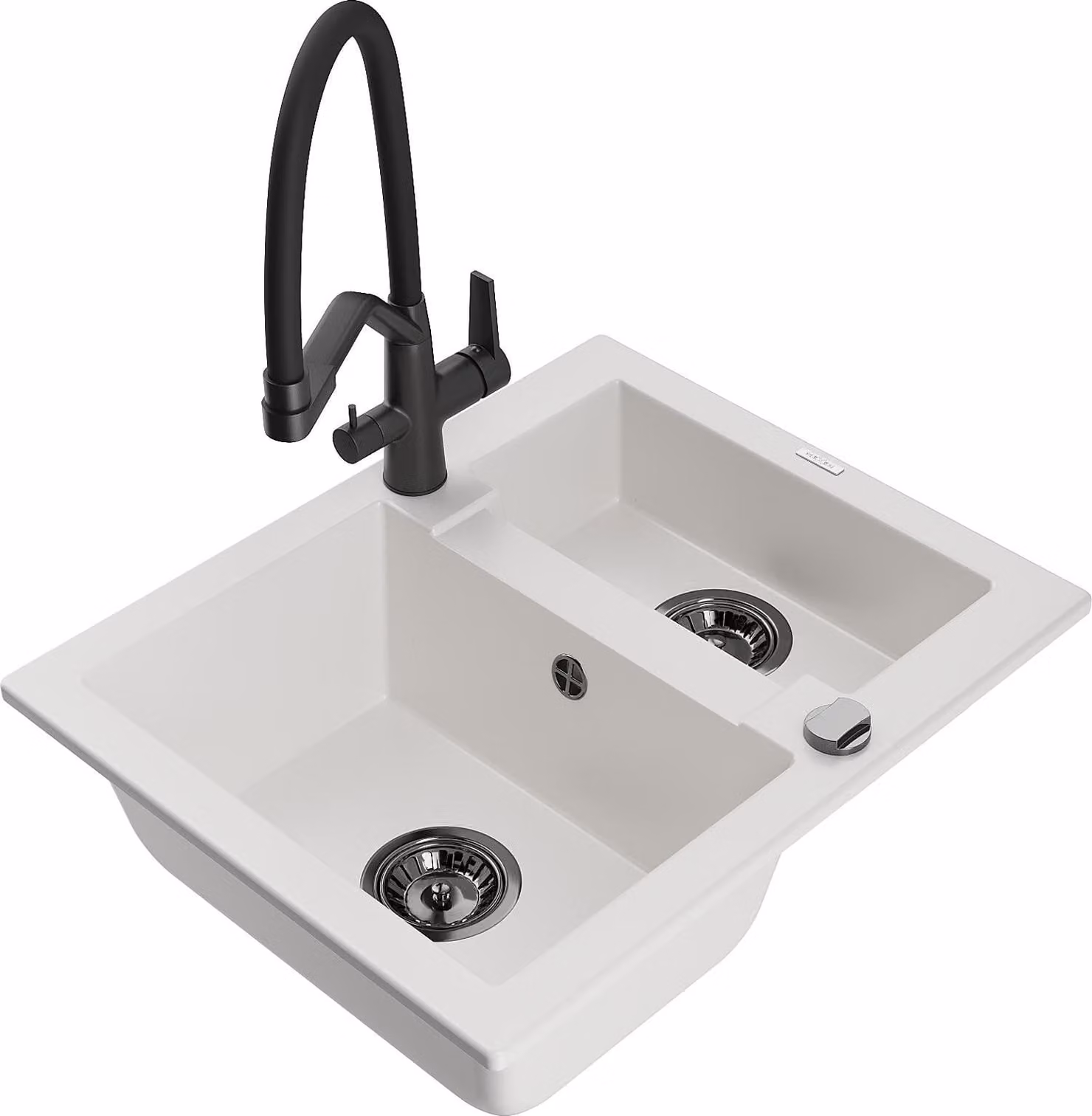 Mexen Carlos lavello da cucina in granito 1,5 vasche con rubinetto Duo, bianco - 6518-20-671701-70-B