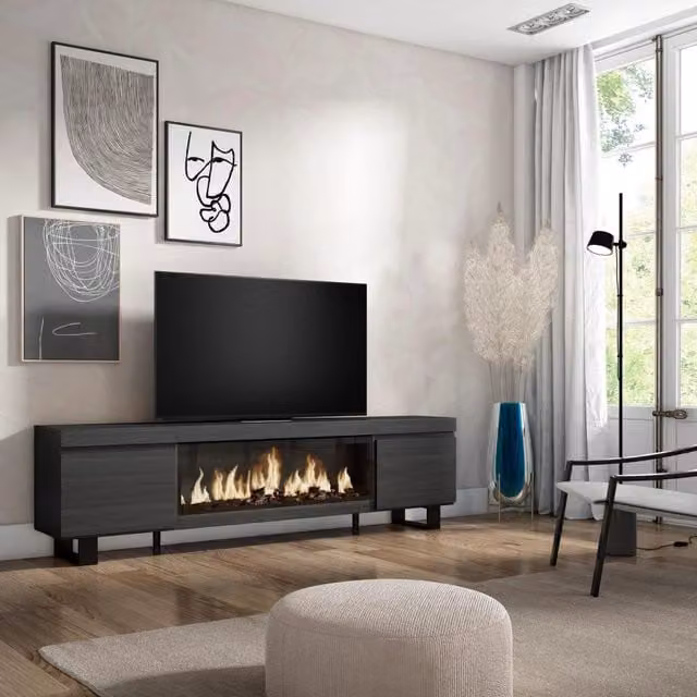 Mobile TV Soggiorno, 208x35x57cm, Per TV fino a 80", Camino elettrico XXL, Design industriale, Nero RF3259