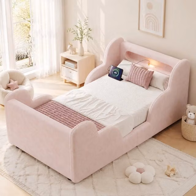 Letto singolo per bambini 90x200 cm in velluto rosa con luce notturna e USB