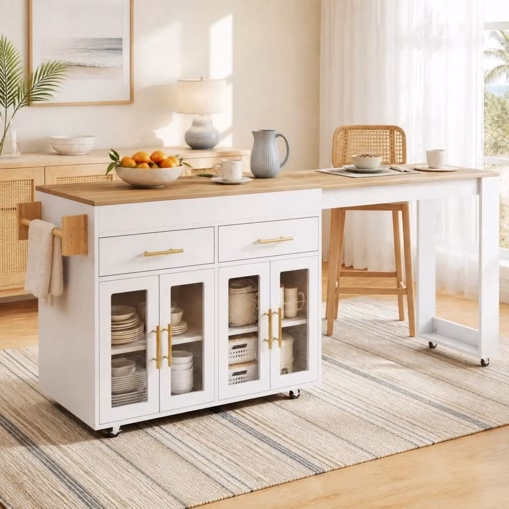 Isola da cucina estraibile REDOM moderna in MDF bianco con piano in vetro e metallo L: 132,5-217 cm, P: 50 cm, H: 93 cm – 2