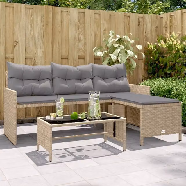Divano Giardino con Tavolo e Cuscini a L Beige Misto Polyrattan 365576