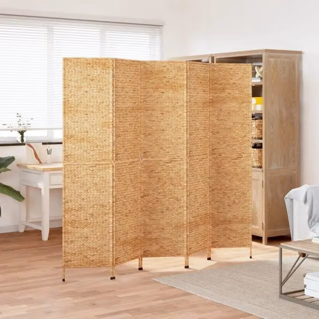 Divisorio per ambienti vidaXL a 5 pannelli in metallo e rattan color beige L: 205 cm, H: 180 cm