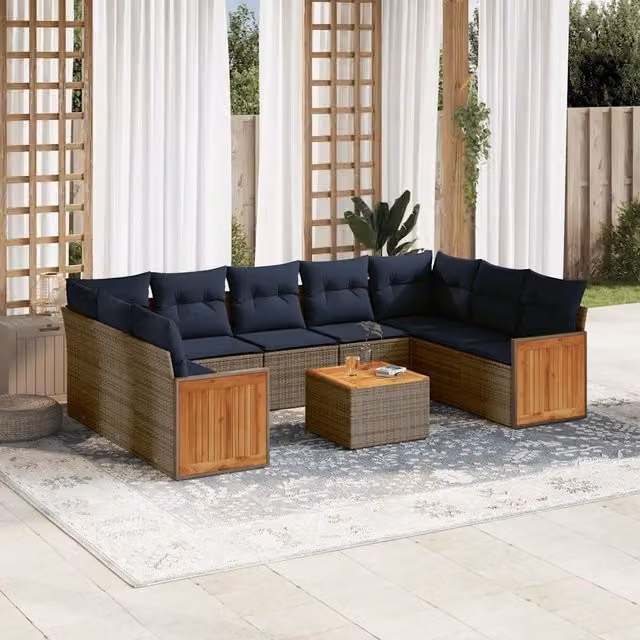 Set da giardino vidaXL in polyrattan composto da 10 pezzi con cuscini imbottiti grigi e blu e tavolino da caffè – 1