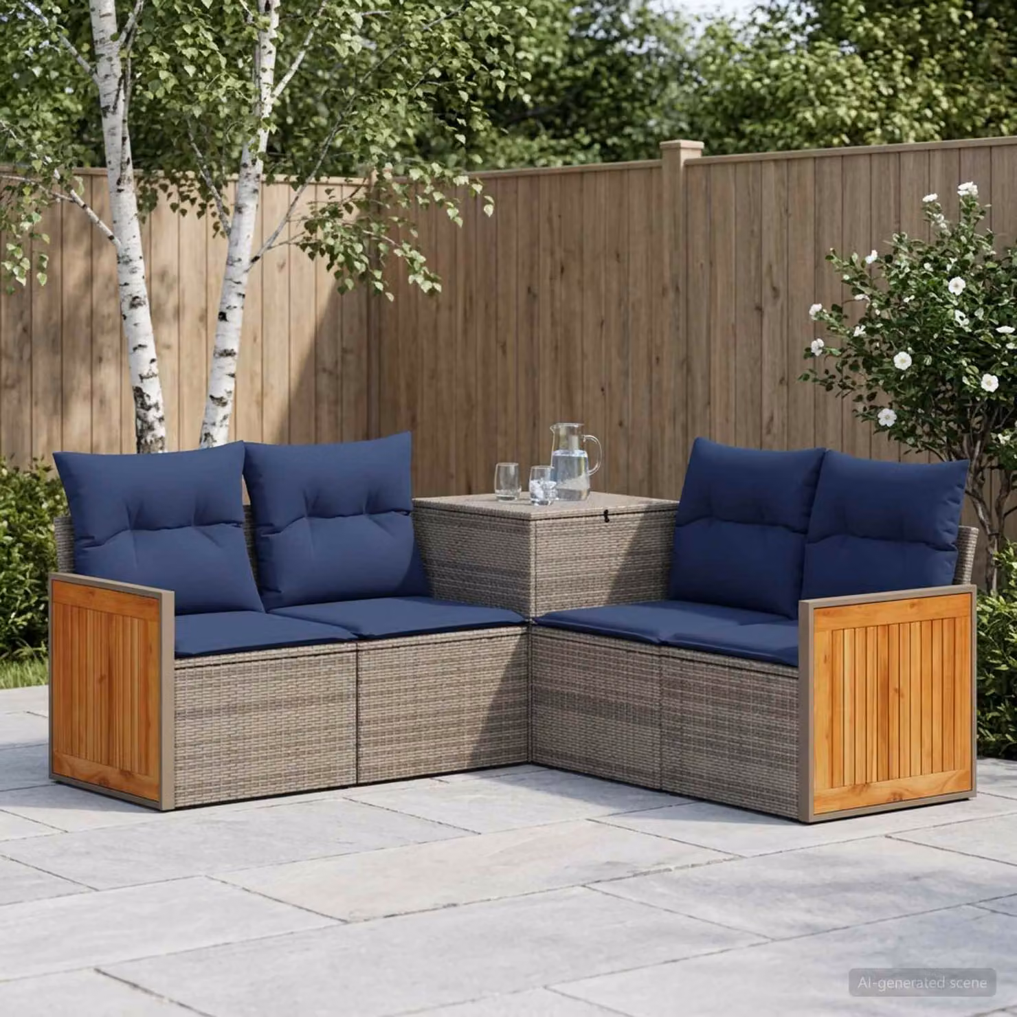Set di divani da giardino vidaXL a forma di L in rattan sintetico e acciaio con cuscini, Grigio e Blu Navy