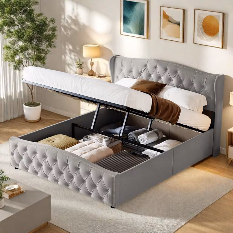 Letto imbottito INONEFT 160x200, modello boxspring con contenitore, struttura per letto matrimoniale con rete a doghe, grigio, rivestito in velluto, sistema idraulico per l'apertura, senza materasso