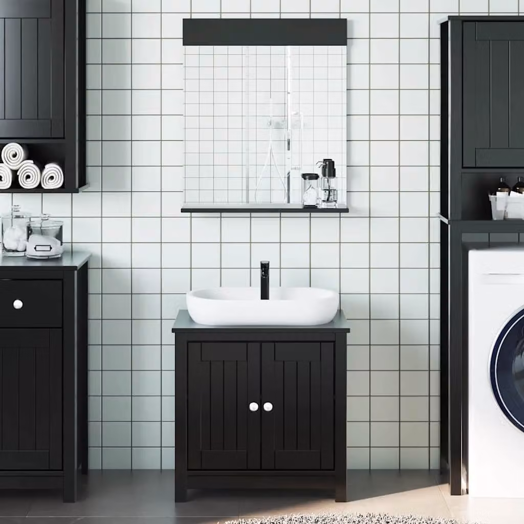 Set Mobili da Bagno vidaXL BERG 2 Pezzi in Legno di Pino Nero con Mobile Lavabo e Armadietto Specchio a Parete