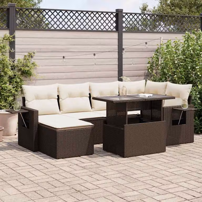 Set di divani da giardino vidaXL composto da 7 pezzi con cuscini in polyrattan marrone e bianco per esterno