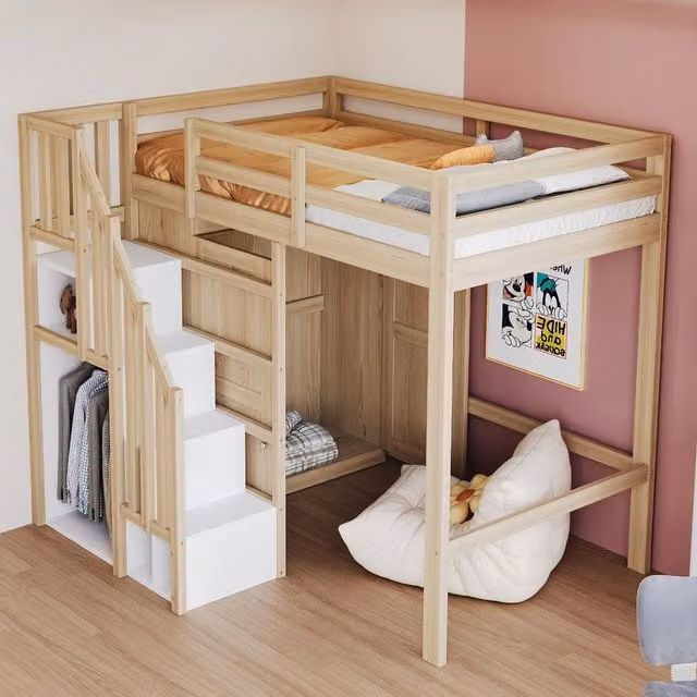 Letto a soppalco 90x200 ¨C Minimal ¨C struttura in legno massello pino colore legno naturale con armadio e scaletta di sicurezza