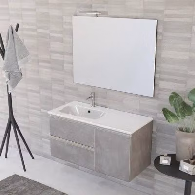 Mobile bagno sospeso INBAGNO Master grigio cemento con lavabo a sinistra, cassetti, anta e specchio con illuminazione LED – 1