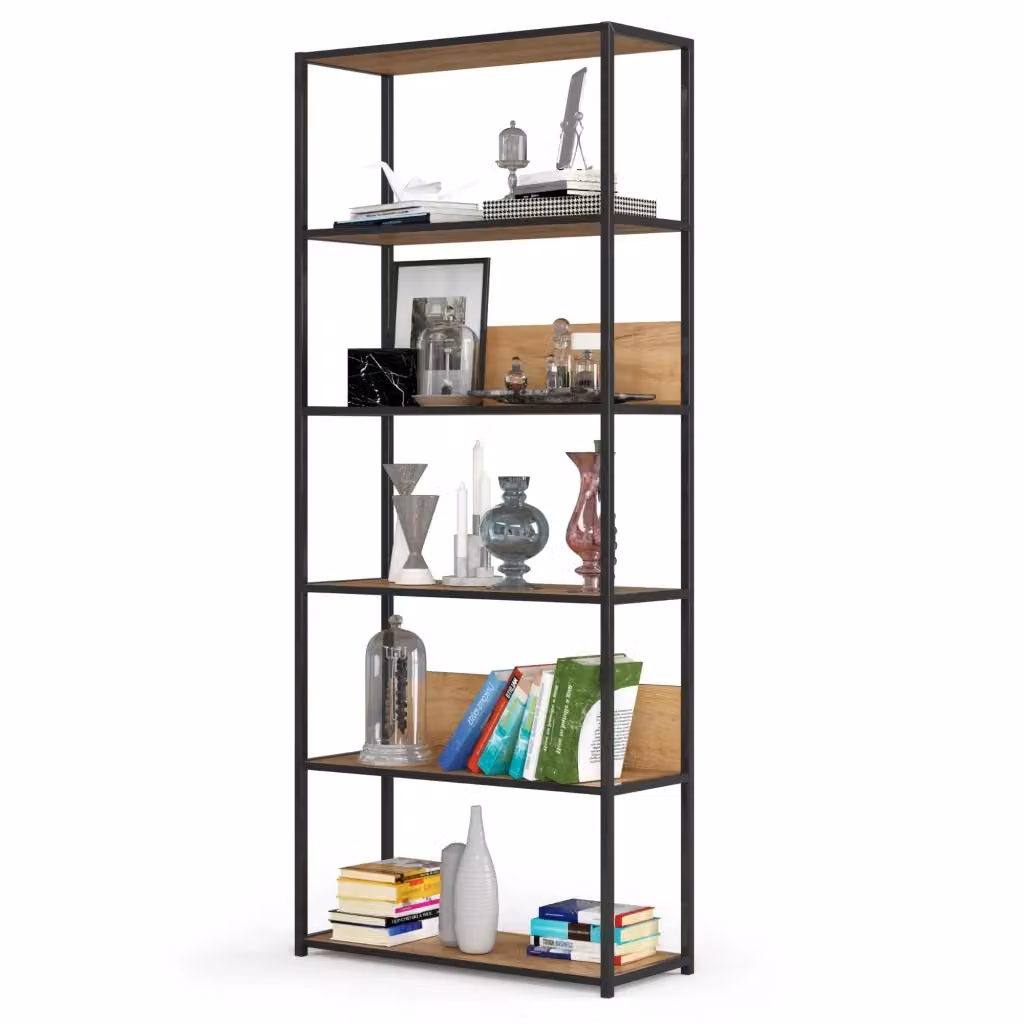 Scaffale in stile industriale Akord con ripiani in legno quercia e struttura nera L: 80 cm, P: 32 cm, H: 192 cm – 2