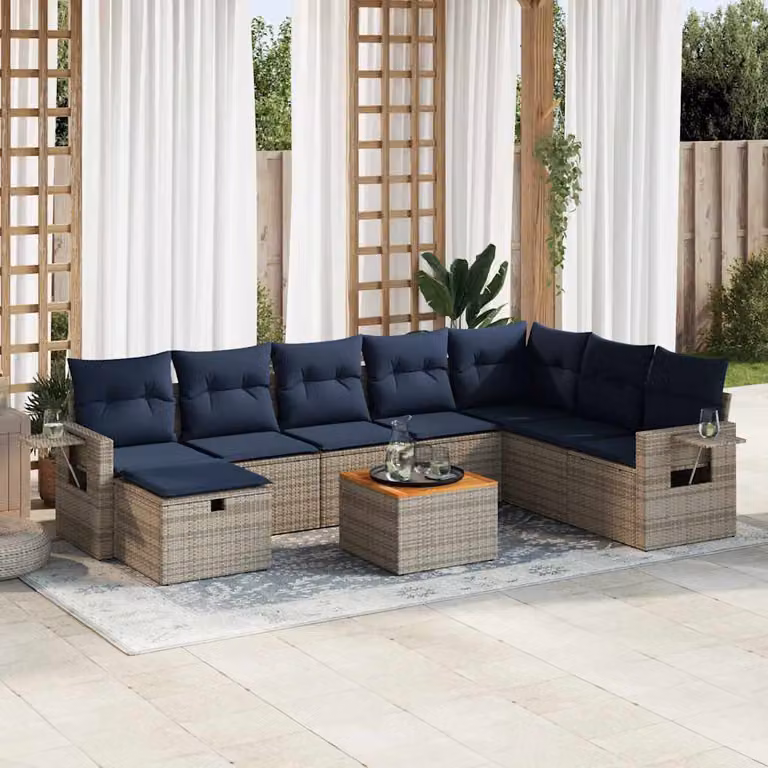 Set Divano da Giardino vidaXL 9 Pezzi in Polyrattan con Cuscini e Tavolino, Design Moderno a Forma di U per Terrazza e Giardino