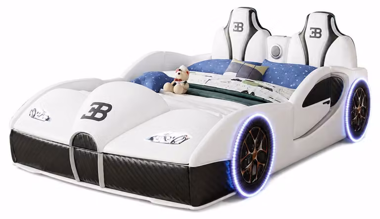Letto a forma di automobile bianco, altoparlante Bluetooth, lampada LED per bambini, ideale per ragazzi