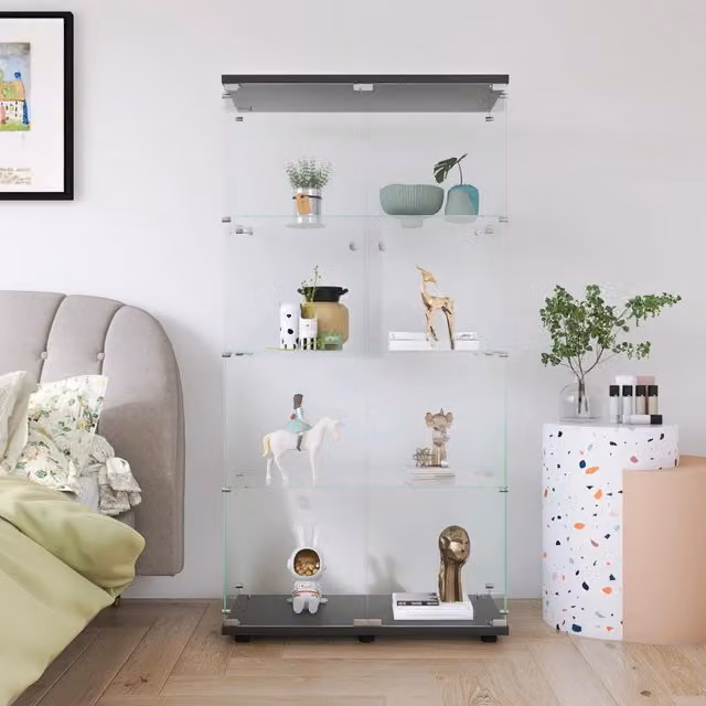 Vetrina in Vetro con 2 Anta e Serratura; Libreria a 4 Ripiani in Vetro Temperato per Soggiorno e Camera da Letto; 80;5x36;3x164;3 cm; Nero