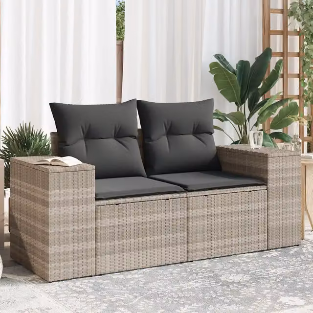 Divano da giardino a 2 posti vidaXL in polyrattan grigio con cuscini imbottiti e coperture rimovibili