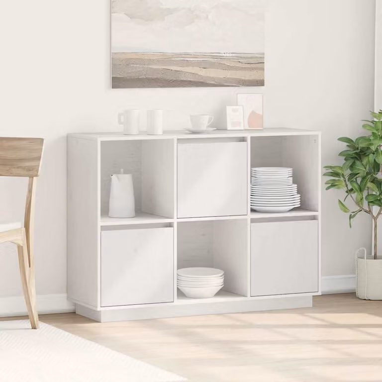 Credenza moderna vidaXL in legno massello di pino bianca L: 110,5 cm, P: 35 cm, H: 80 cm