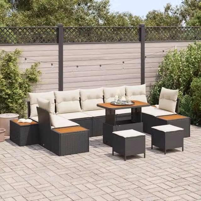 Set da giardino vidaXL composto da 10 pezzi con divano da esterno, tavolino da caffè e pouf, colore nero e beige, con struttura in acciaio e legno di acacia e cuscini inclusi