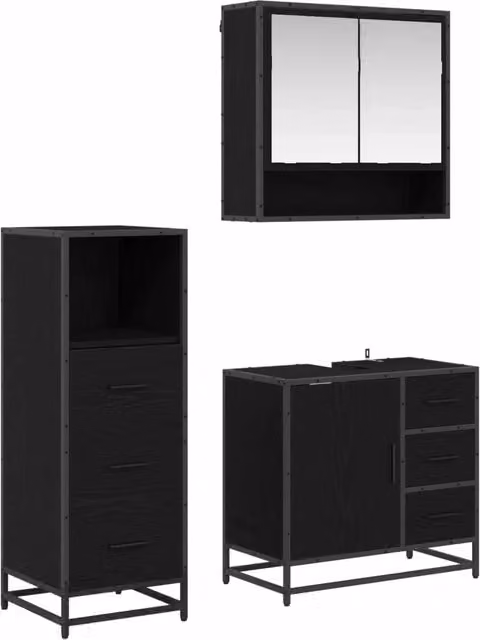 Set di mobili per il Bagno | Armadio da bagno 3 pz Rovere Nero Legno multistrato