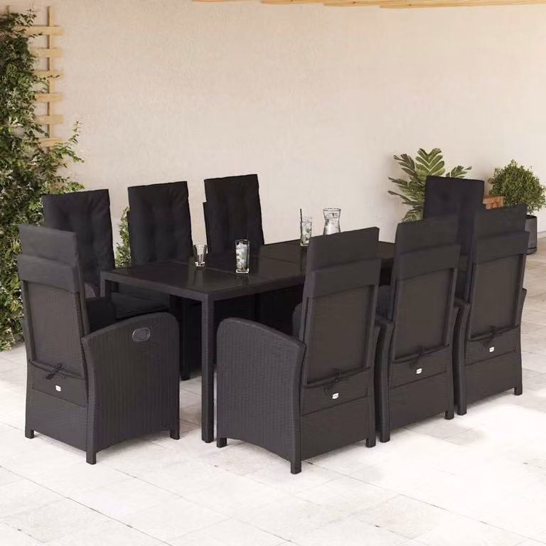 Set da pranzo da giardino vidaXL in polyrattan nero con 9 pezzi e cuscini