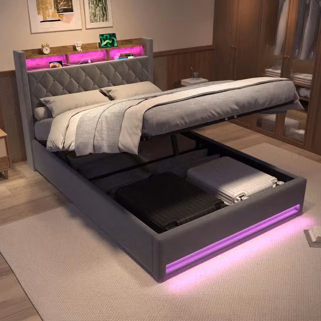 Letto matrimoniale imbottito 140x190 cm grigio scuro in velluto con schiuma ergonomica e struttura resistente
