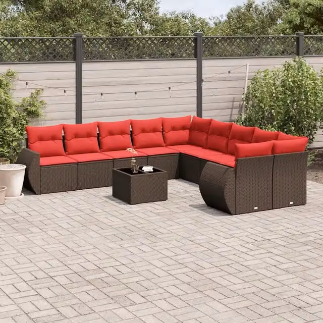 Set Divani da Giardino 11 pz con Cuscini Marrone in Polyrattan 3221923
