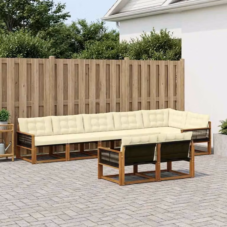 Set di divani da esterno vidaXL a forma di L composto da 8 pezzi in legno di acacia e tessuto textilene, colore beige e marrone con cuscini inclusi