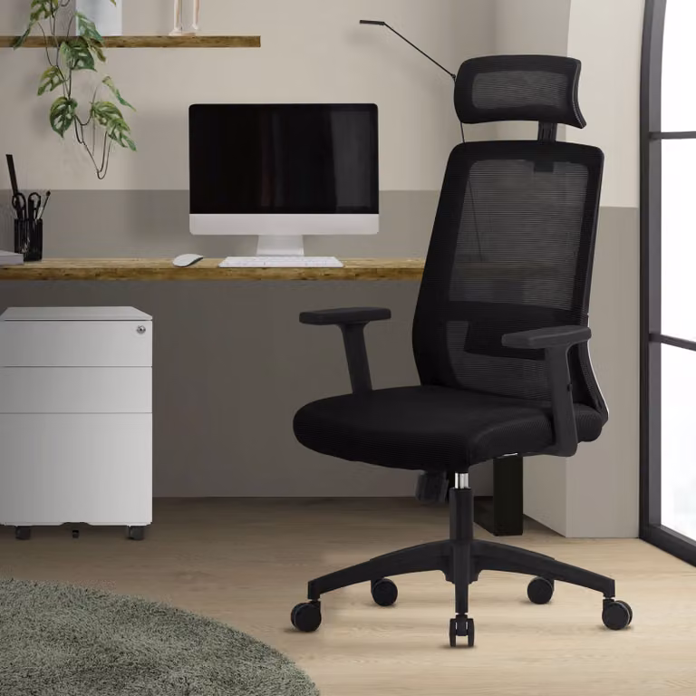 Sedia da ufficio ergonomica ML-Design, nera, in rete, con poggiatesta regolabile