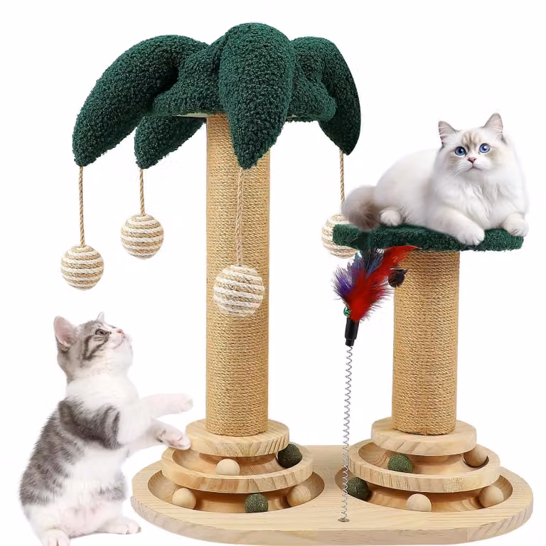 Giocattolo interattivo per gatti - Tiragraffi in canapa - Gioco 6 in 1 - Palline e piume sospese - Pista girevole - Per gatti di taglia piccola e media - Verde