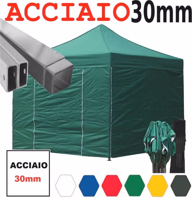 Gazebo 3x3 m verde pieghevole portatile estendibile richiudibile estensibile acciaio con laterali per fiere eventi stand chiosco tenda tendone mercato mercatino