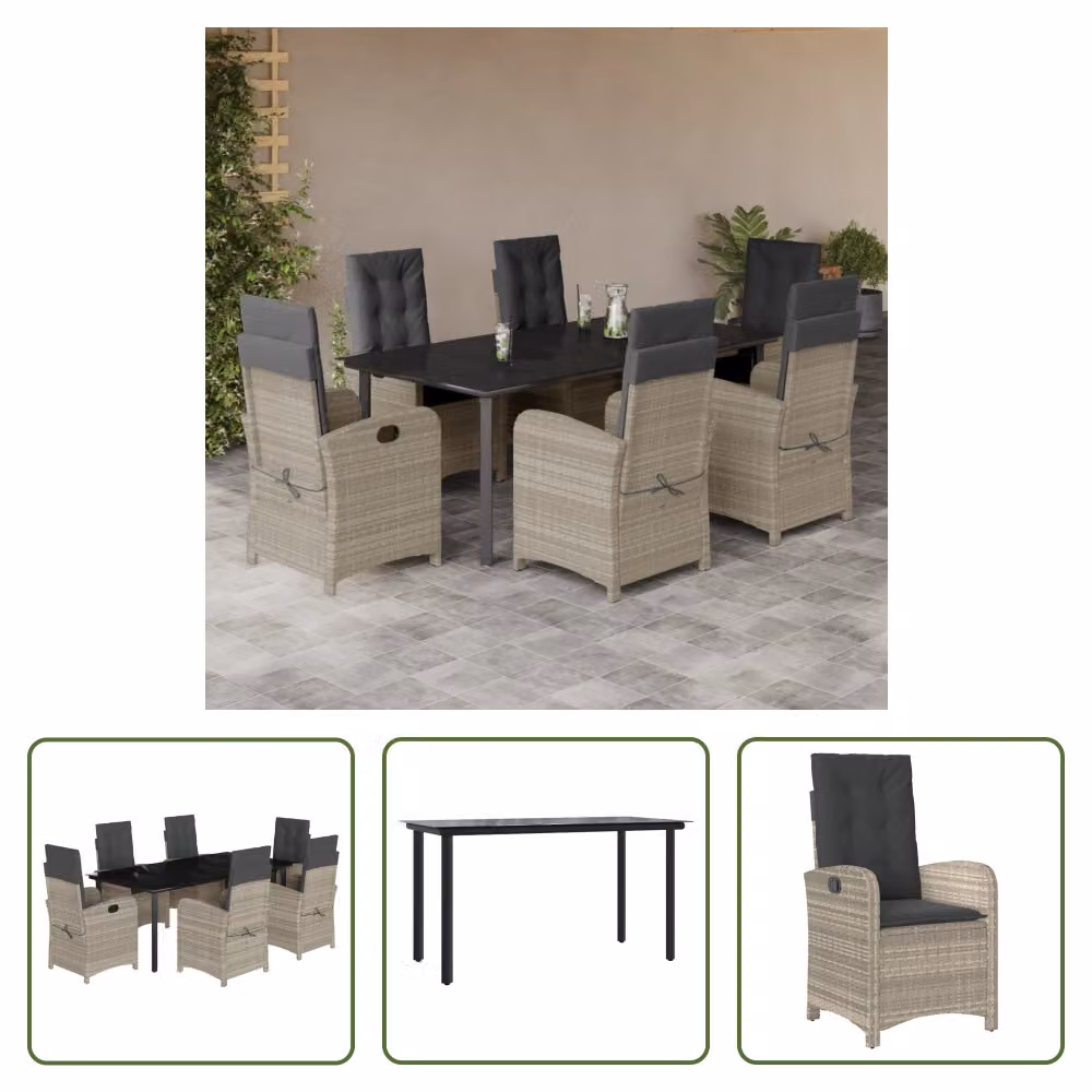 The Living Store Set da pranzo da giardino 7 pezzi con cuscini in poly rattan grigio chiaro