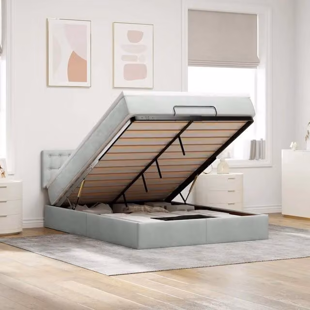 Letto con contenitore a sollevamento vidaXL in velluto con materasso L/P/H: 190 x 140 x 28 cm, Grigio e Bianco