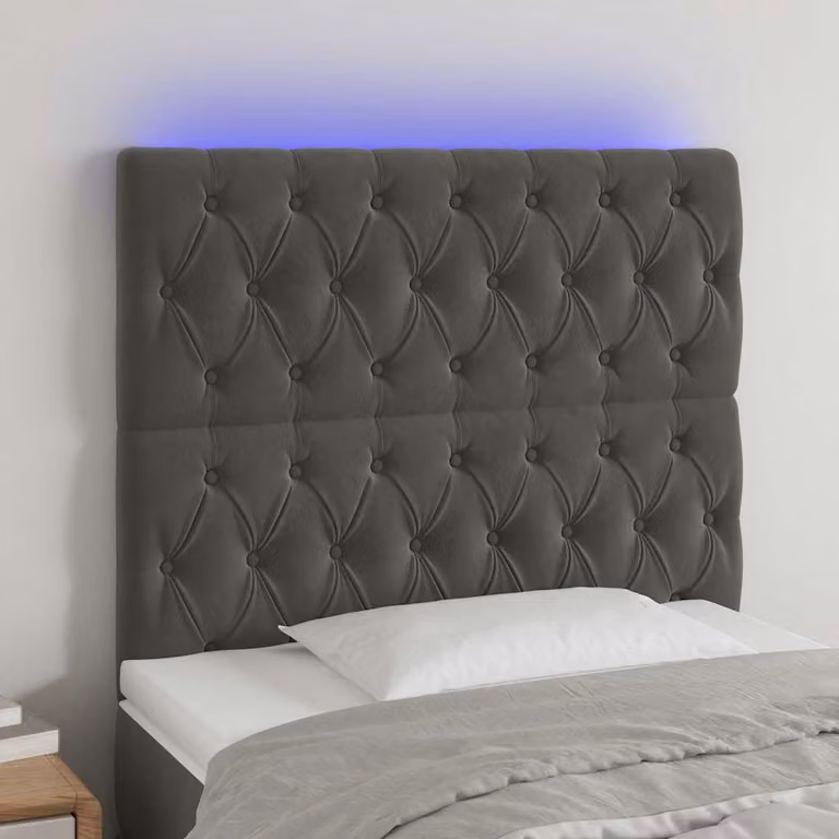 Testiera per letto vidaXL in velluto grigio con illuminazione LED e porta di ricarica USB, L: 128 cm, H: 118 cm, P: 9 cm